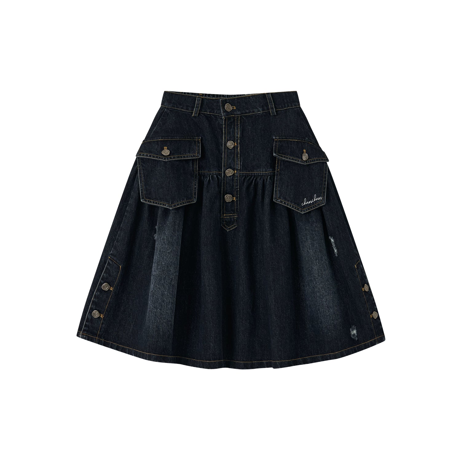 Vintage Washed Denim Utility Midi Skirt