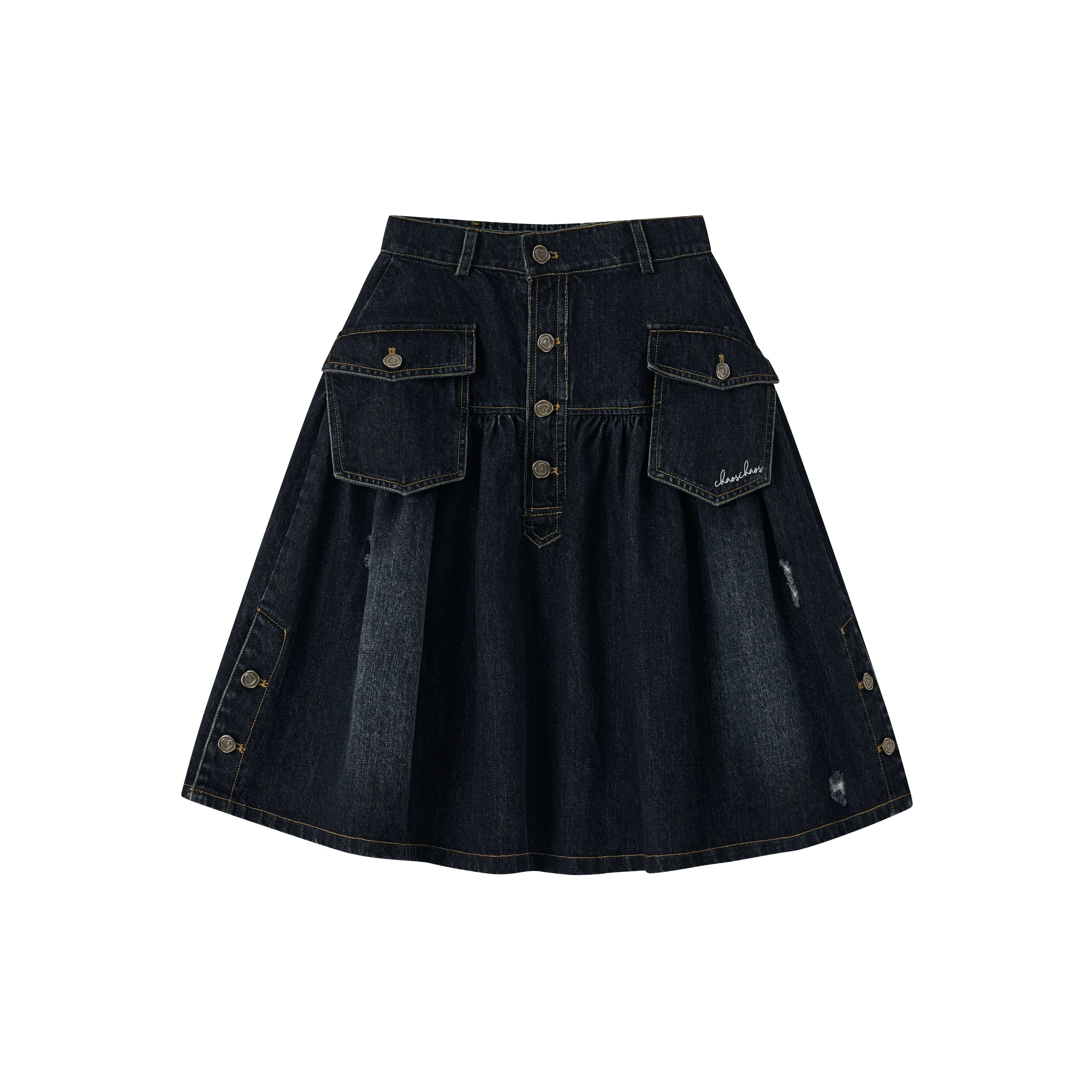 Vintage Washed Denim Utility Midi Skirt