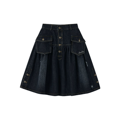 Vintage Washed Denim Utility Midi Skirt