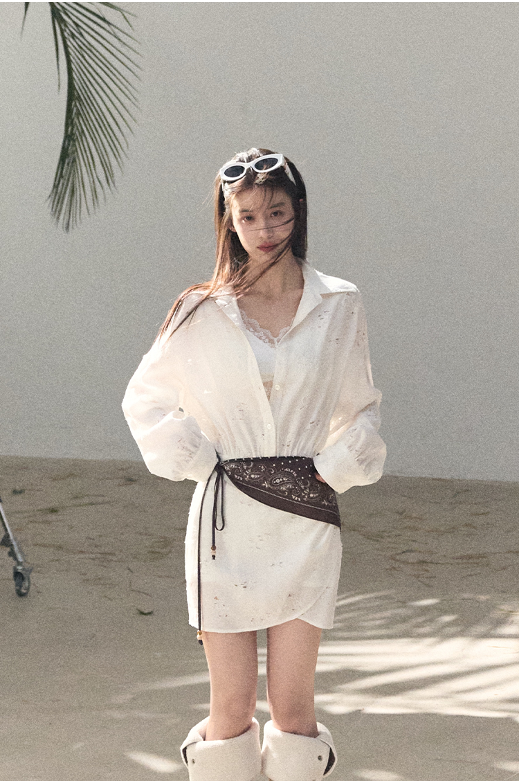 Waist-Cinched Long-Sleeve Shirt Dress