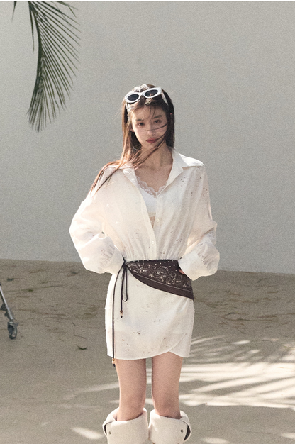 Waist-Cinched Long-Sleeve Shirt Dress