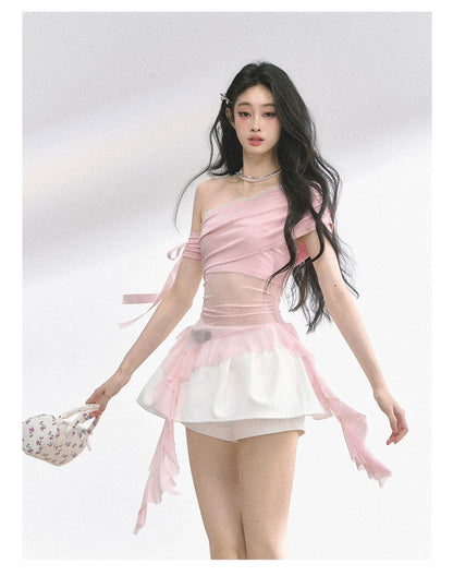 Off-Shoulder Mesh Short-Sleeve T-Shirt