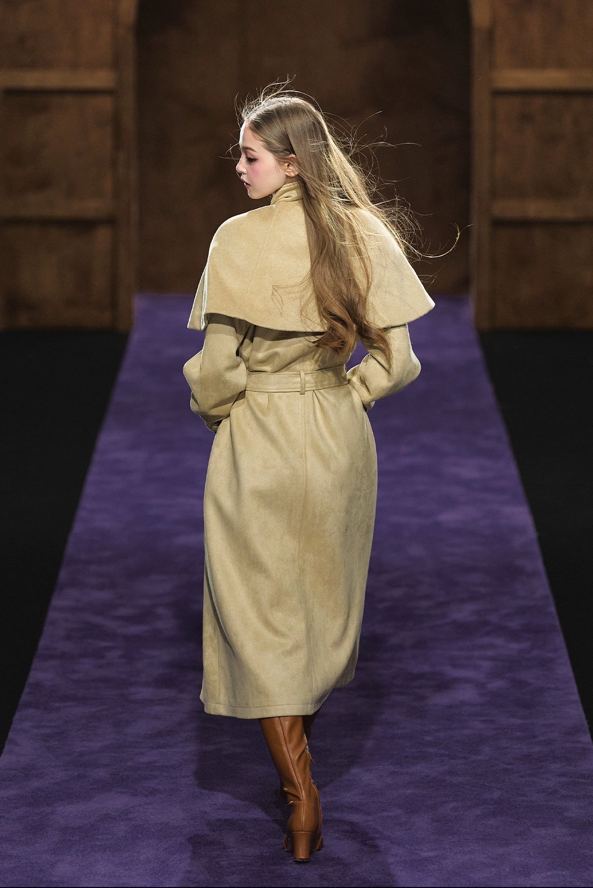 Shimmer Wool Cape Overlay &amp; Suede Long Detachable Belt Coat