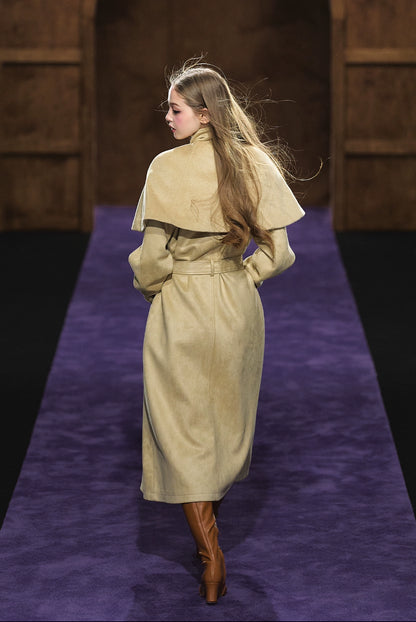 Shimmer Wool Cape Overlay &amp; Suede Long Detachable Belt Coat
