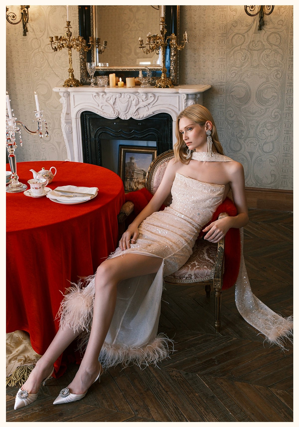 Diamond Sequin Feather Drape Tie Strapless Midi Dresse