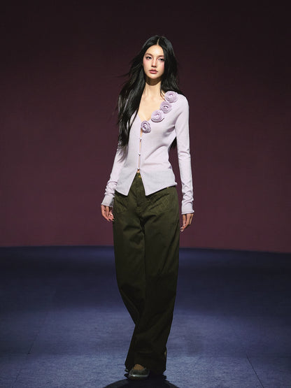 3D Rose Appliqué Sheer Knit Cardigan - CHINASQUAD