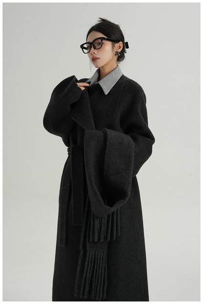 Fringe-Detail Wool Scarf-Style Long Coat