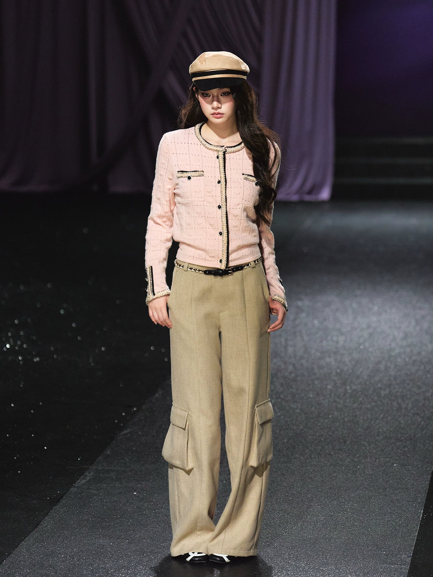 Tweed Braided Belt High-Waist Wide-Leg Pants