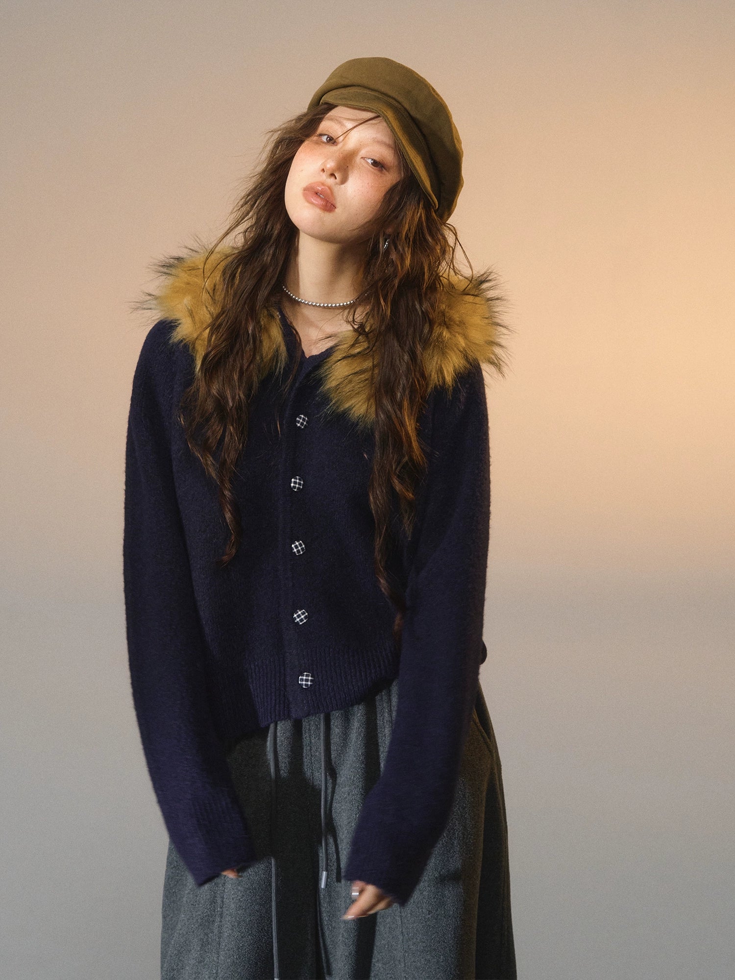 Detachable Fur-Collar Fleece Hooded Cardigan