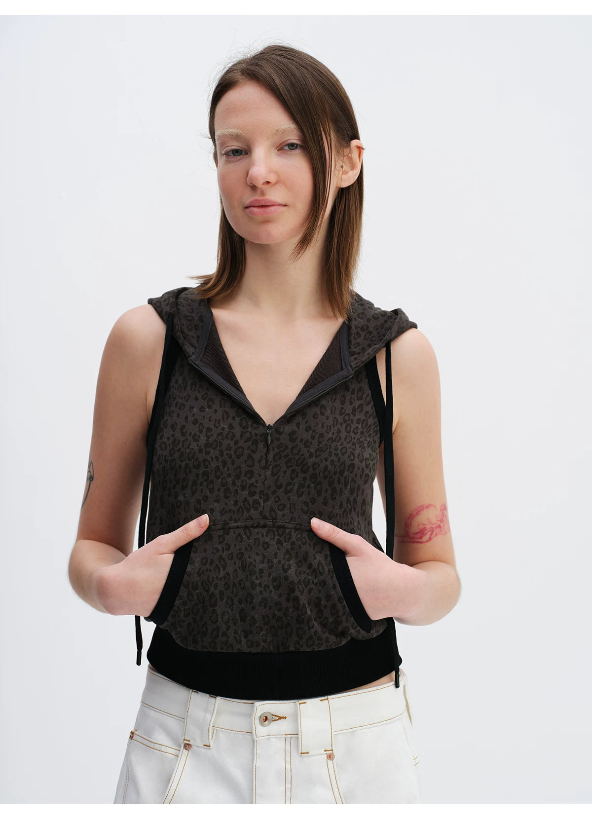 Cool-Tone Leopard Hooded Sleeveless Hoodie