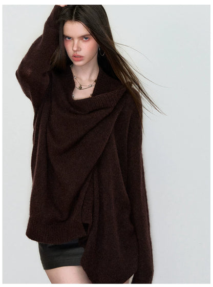 Shawl-Style Asymmetric Wool Knit Sweater