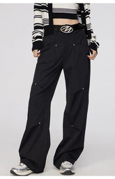 Black & Khaki Star Pleated Utility Wide-Leg Pants - CHINASQUAD