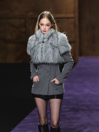 Faux Fur Collar Layered Double-Breasted Blazer Set