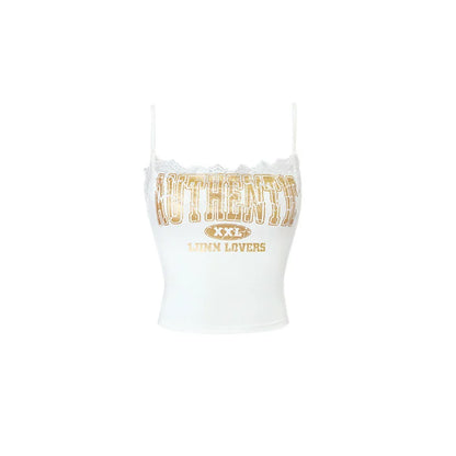 Lace Trim Floral Letter Printed Camisole - CHINASQUAD