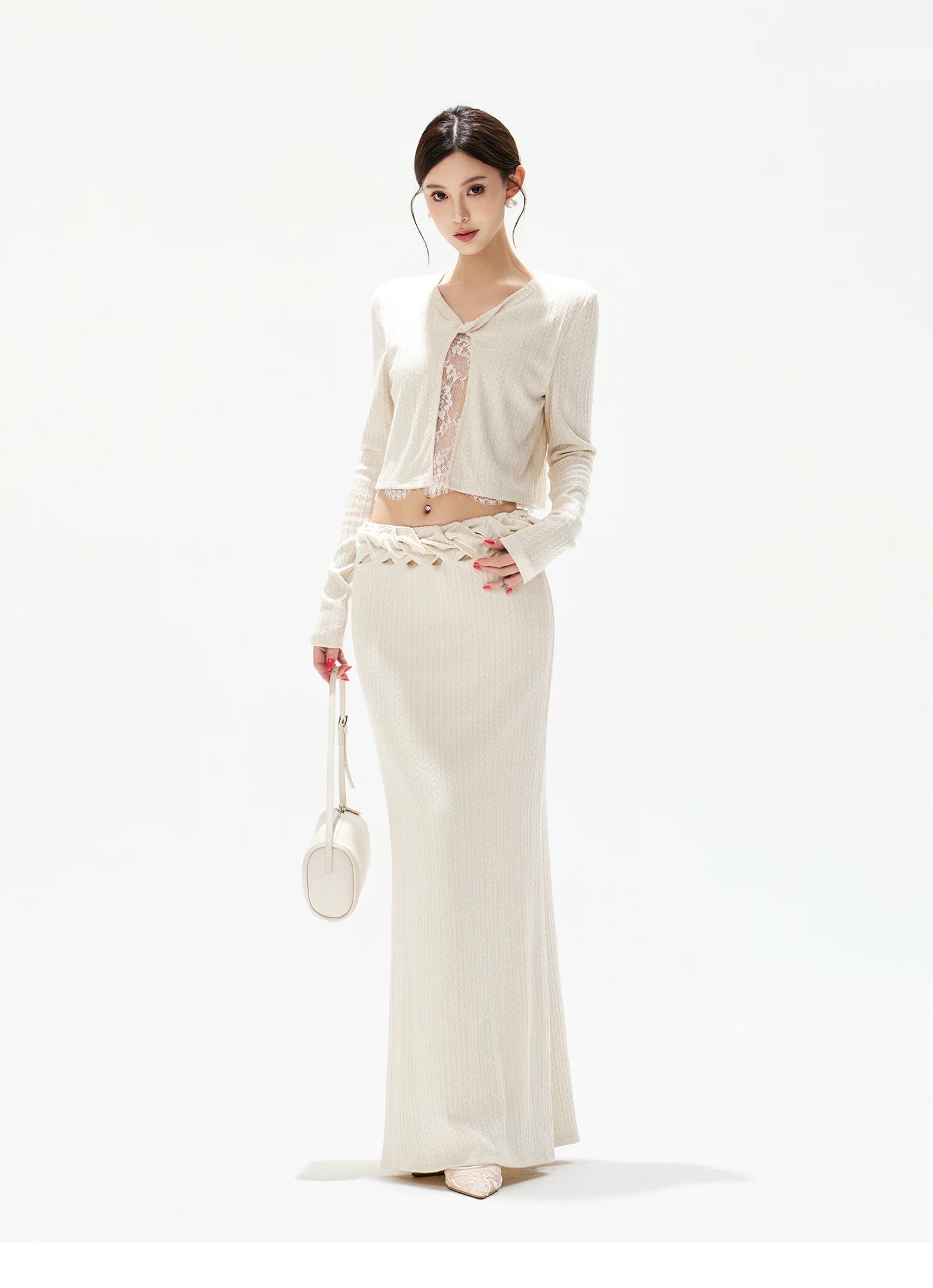 Apricot Lace Panel Knit Two-Piece Set