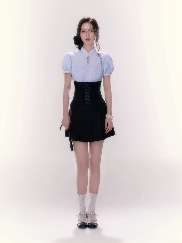Puff Sleeve Blouse &amp; High-Waisted Skirt Set - CHINASQUAD