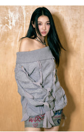 Grey Chiffon Ribbon Knitted Sweater - CHINASQUAD