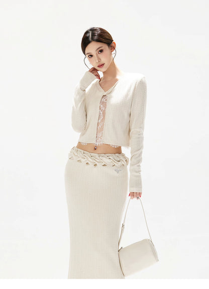 Apricot Lace Panel Knit Two-Piece Set