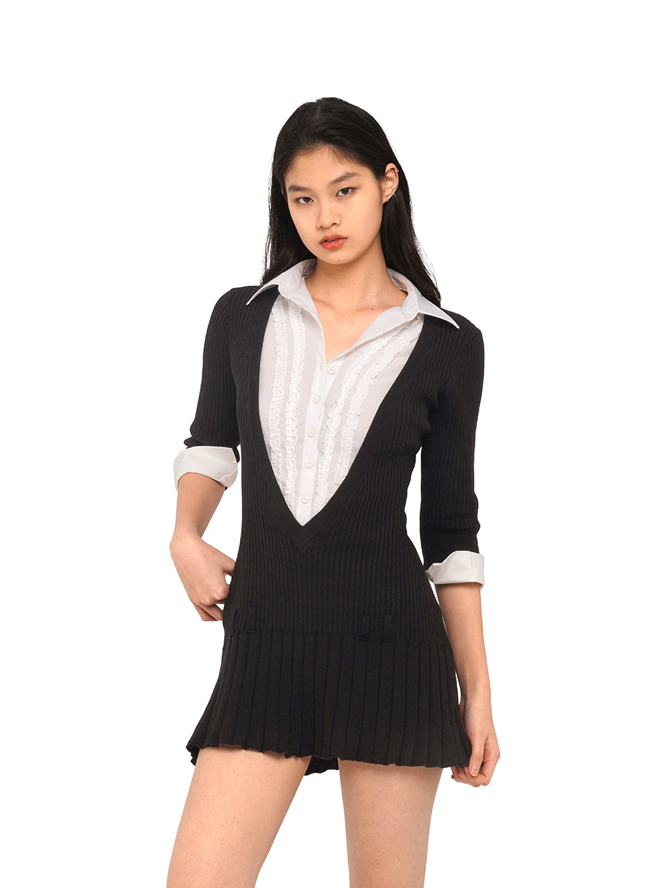 V-Neck Shirt Collar Pleated Mini Dress