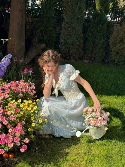 Fresh Baby Blue Lace Short-Sleeve Dress