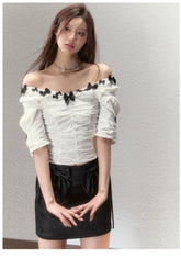 White V-Neck Bowtie Off-Shoulder Blouse - CHINASQUAD