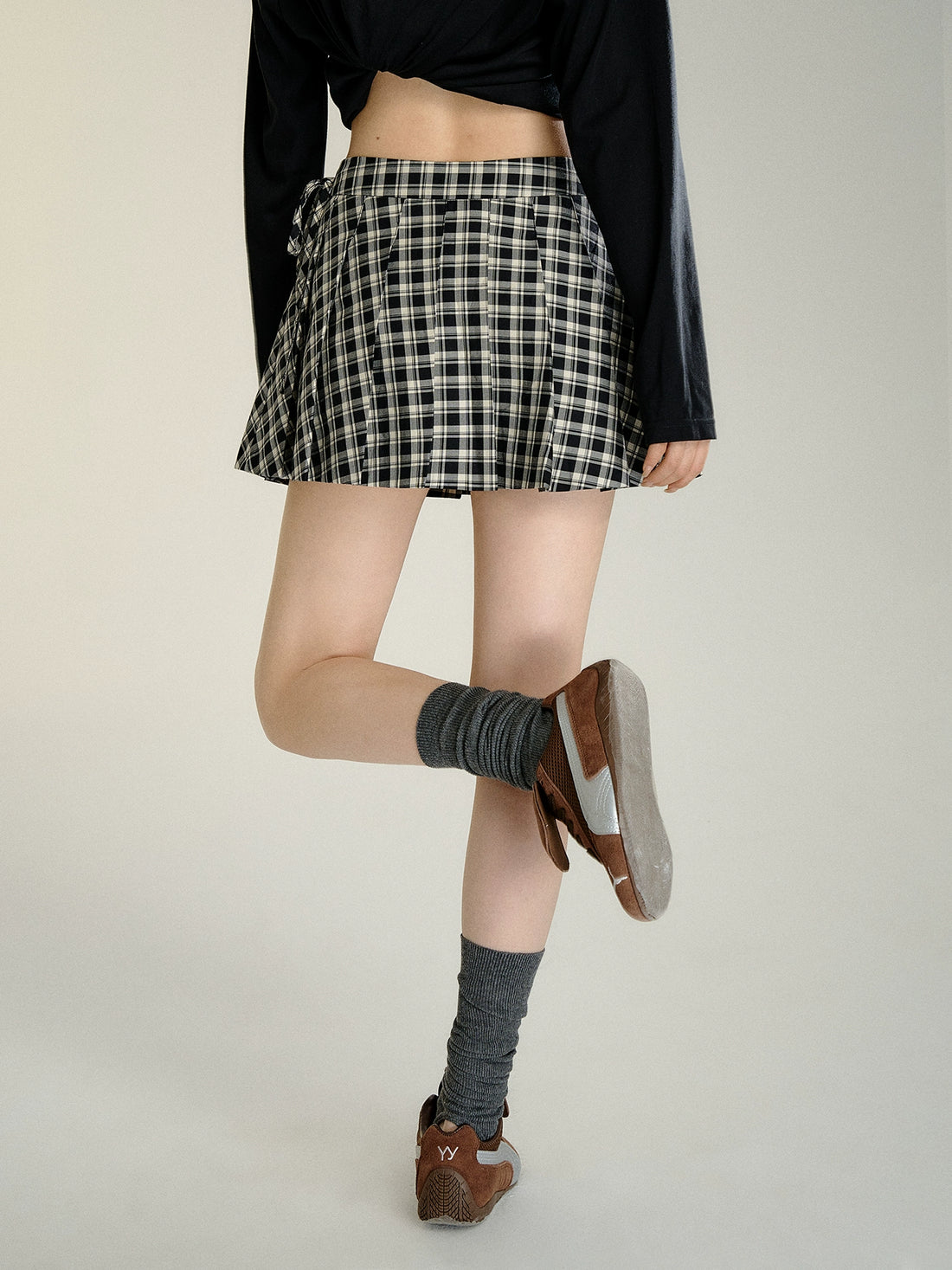 Bow Tie Plaid Pleated Skirt