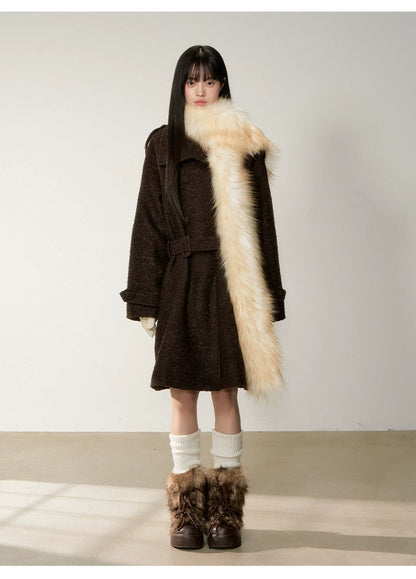 Stand-Collar Bouclé Wool Long Coat