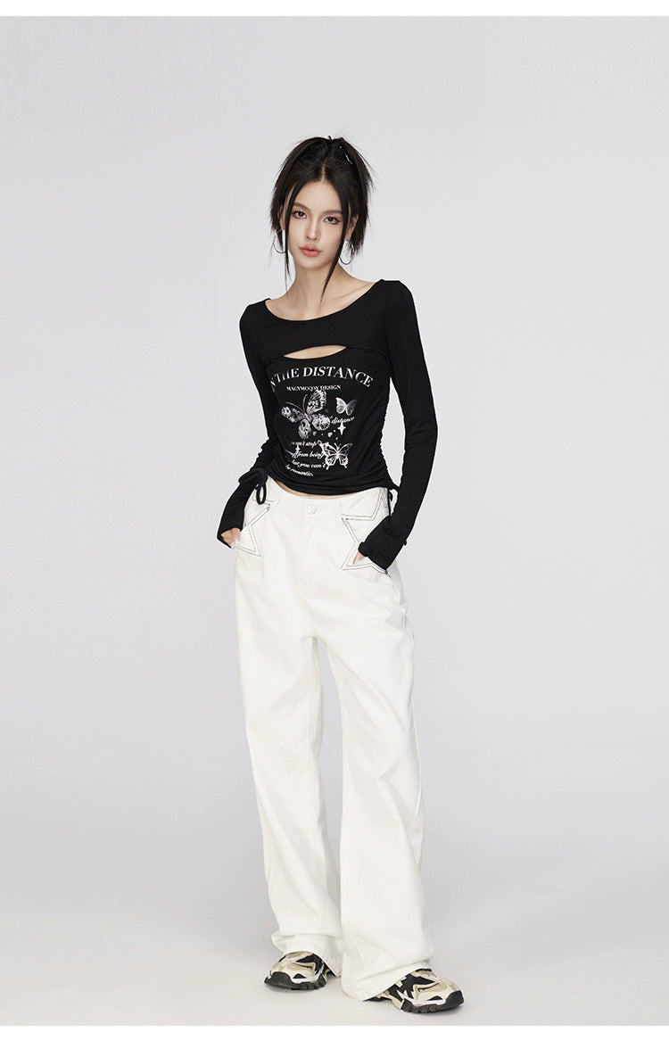 Black &amp; White Star Printed Wide-Leg Jeans - CHINASQUAD