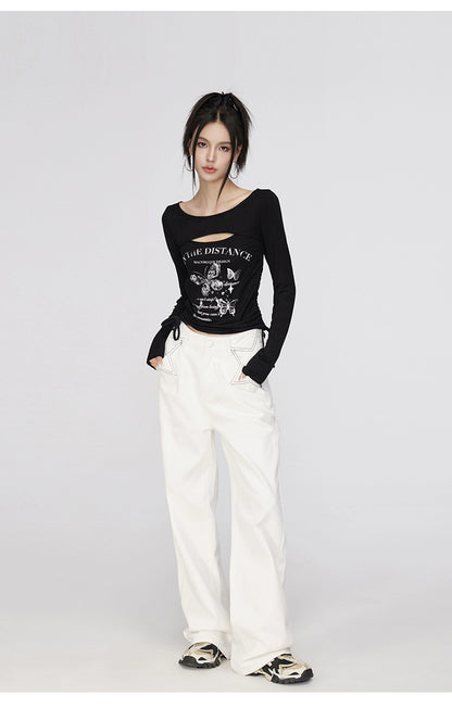 Black &amp; White Star Printed Wide-Leg Jeans - CHINASQUAD