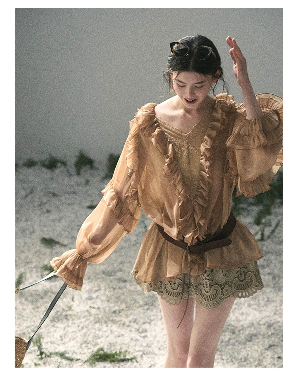 French Ruffle Lace Chiffon Blouse Brown / L
