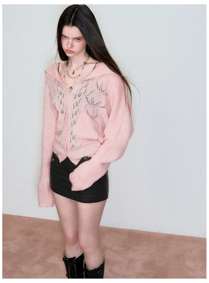 Cut-Out Collared Relaxed Wool Knit Cardigan