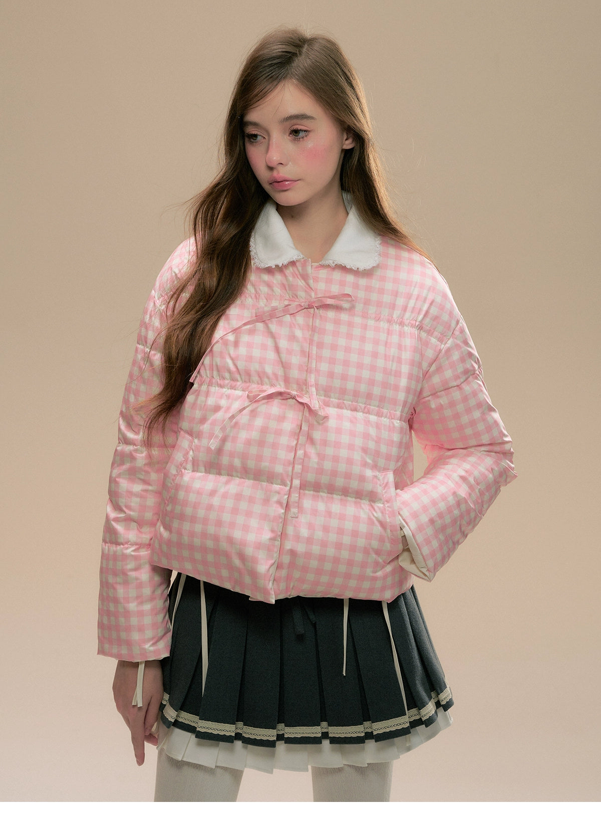 Reversible Pink Plaid &amp; White Down Jacket