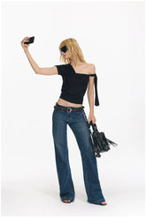 Washed Blue Embroidered Straight Jeans - CHINASQUAD