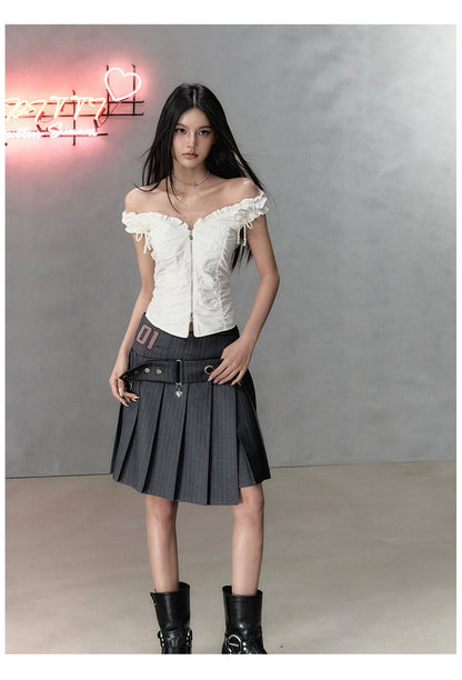 Oak Ash &amp; White Asymmetrical Waist Pleated Skirt