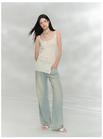 Crystal-Embellished Ribbed Knit Side-Slit Camisole Dress