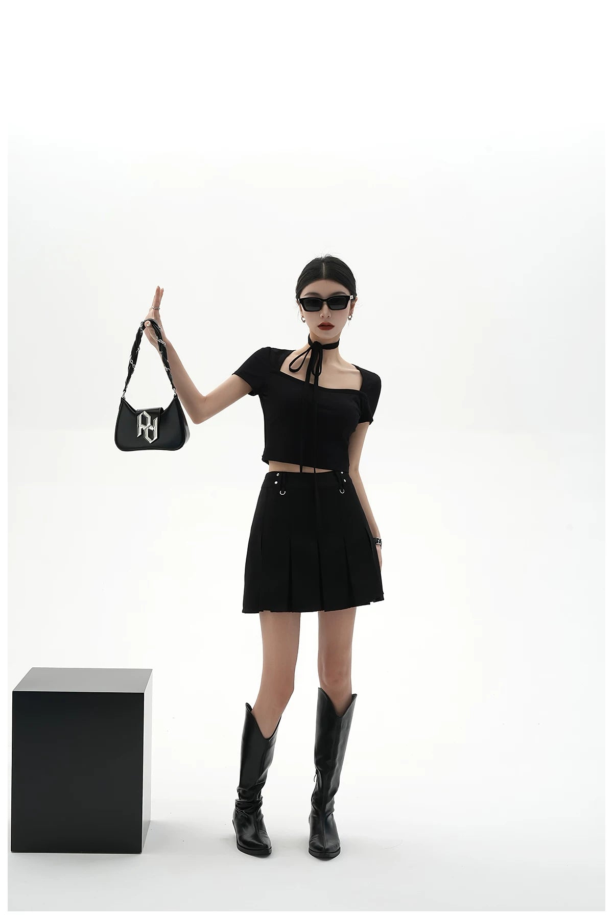 Tie-Detail Square-Neck Cropped T-Shirt