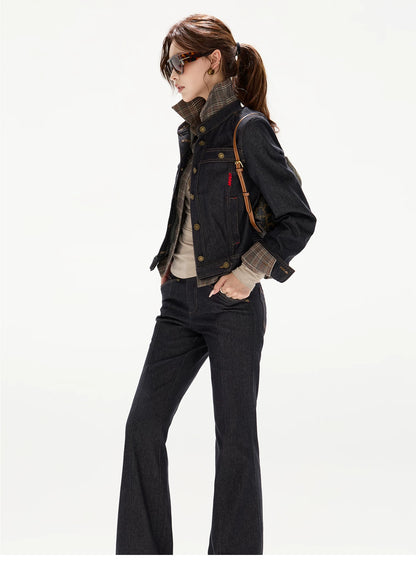 Plaid Mid-Rise Flared Wide-Leg Jeans