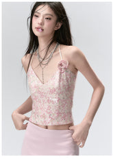 Pink Sparkling Sequined Stylish Spaghetti Strap Tank Top - CHINASQUAD