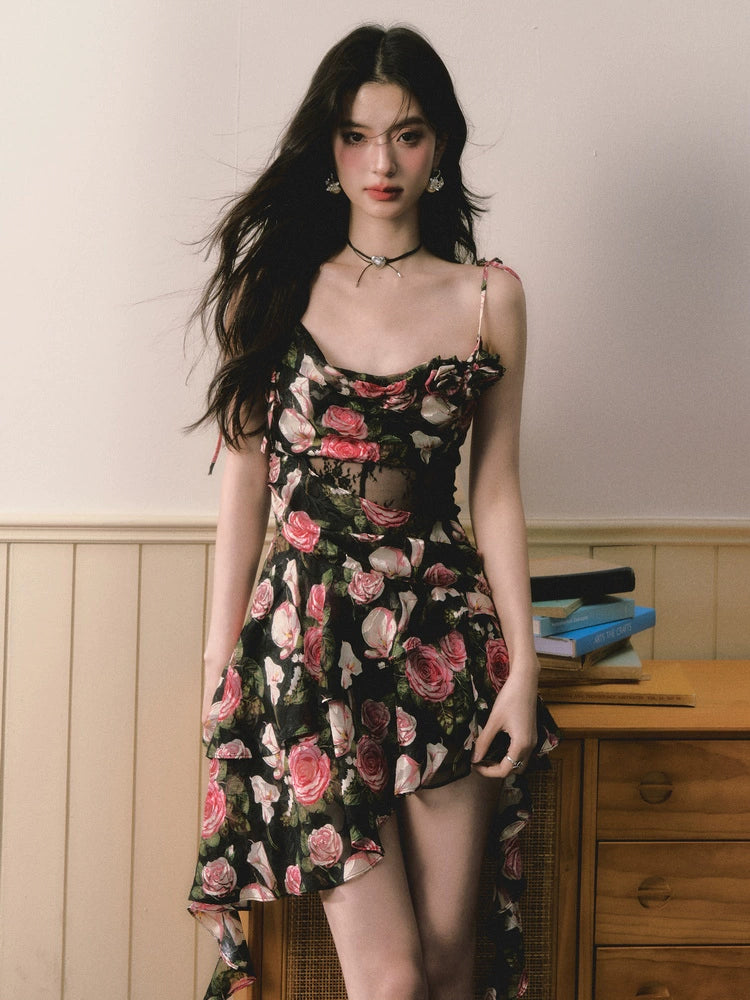 Black &amp; Pink Rose Floral Dress