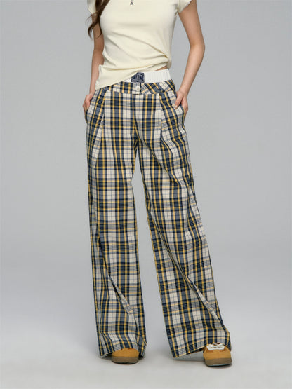 White Waistband Spliced Plaid Trousers