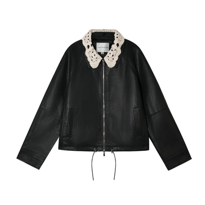 Detachable Collar Zip-Up Leather Jacket