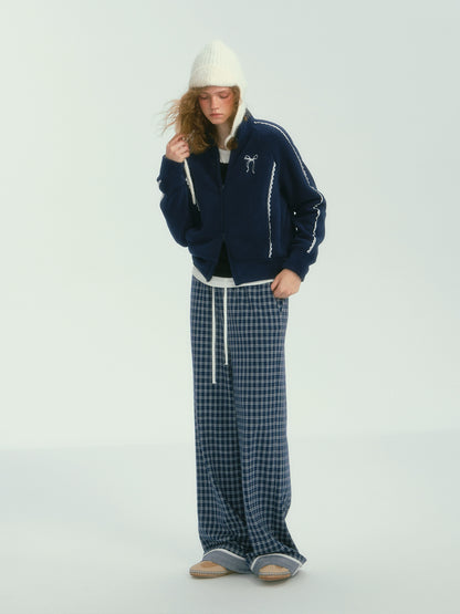 Relaxed Plaid Thin Fleece Wide-Leg Pants