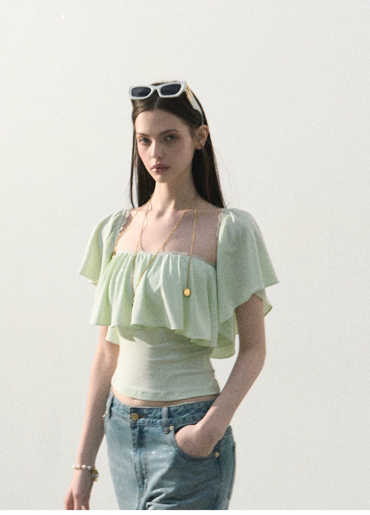 Mint Dream Shimmer Off-Shoulder T-Shirt