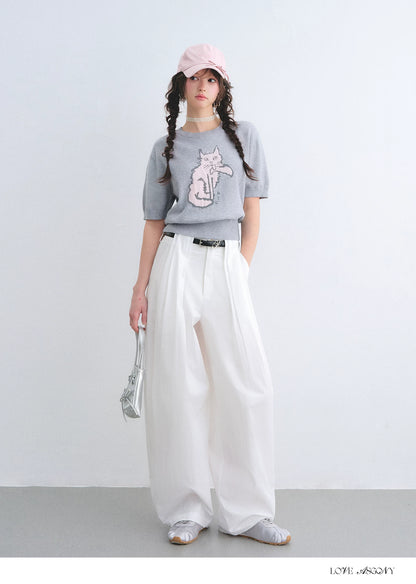 Vintage Lace Trim Washed Cropped Straight-Leg Denim Jeans
