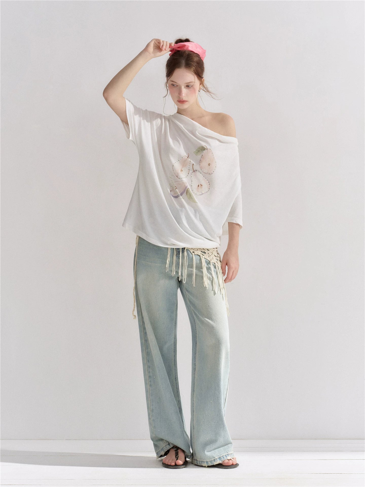 Pear Embellished Draped Off-Shoulder Relaxed T-Shirt