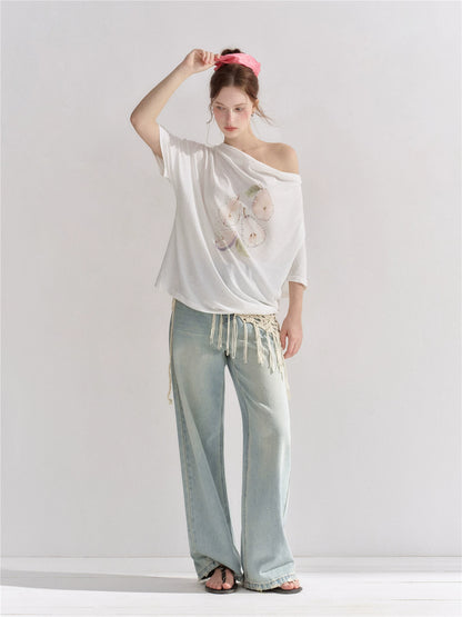 Pear Embellished Draped Off-Shoulder Relaxed T-Shirt