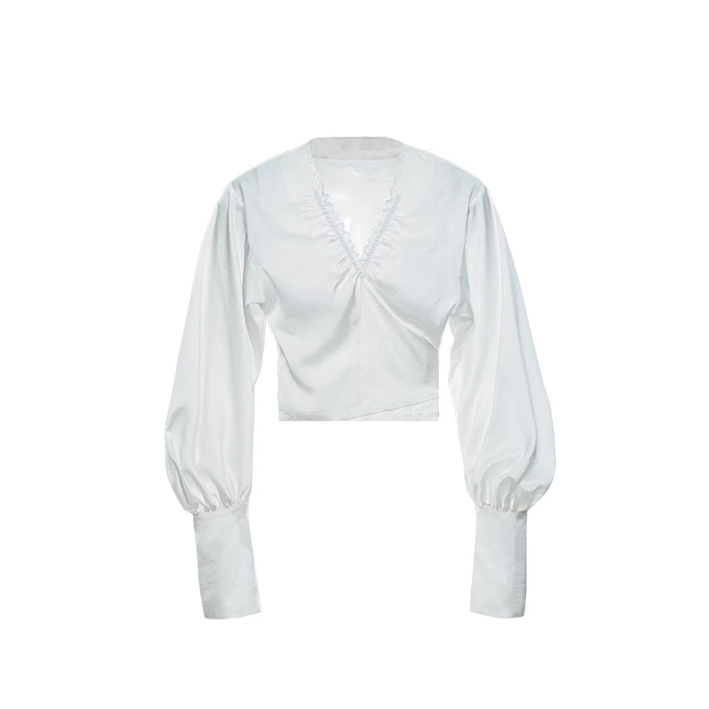 Convertible Ruched V-Neck Acetate Blouse