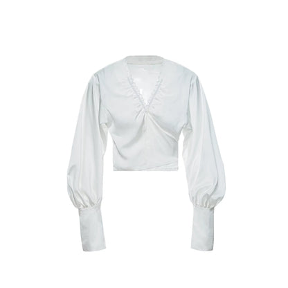 Convertible Ruched V-Neck Acetate Blouse