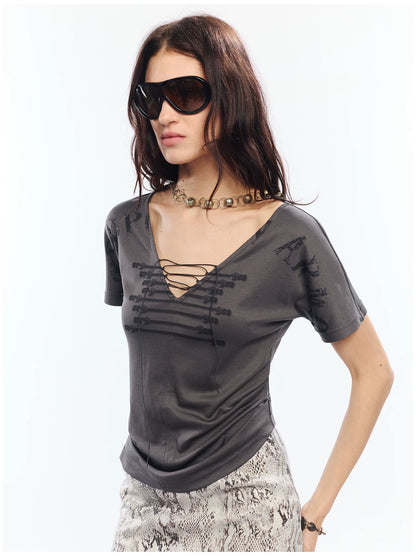 Vintage Lace-Up Graphic V-Neck Tee