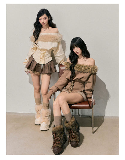 French Off-Shoulder Fuzzy Knit T-Shirt